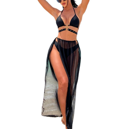 2025 European and American New Plain Long Skirt with Black Eye Straps Three-Piece Swimsuit Swimsuit Bikini Bikini