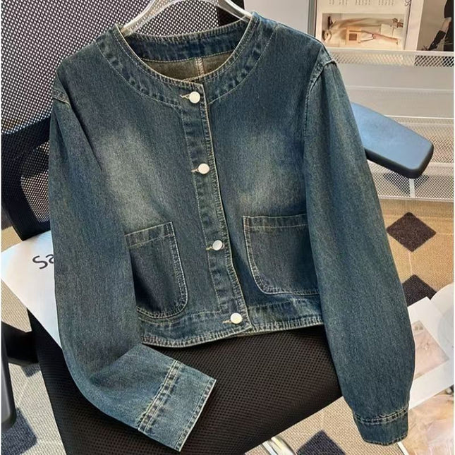 Light Blue American Retro Denim Jacket for Women Spring Single-Breasted Loose Cardigan Design Short Jacket Top