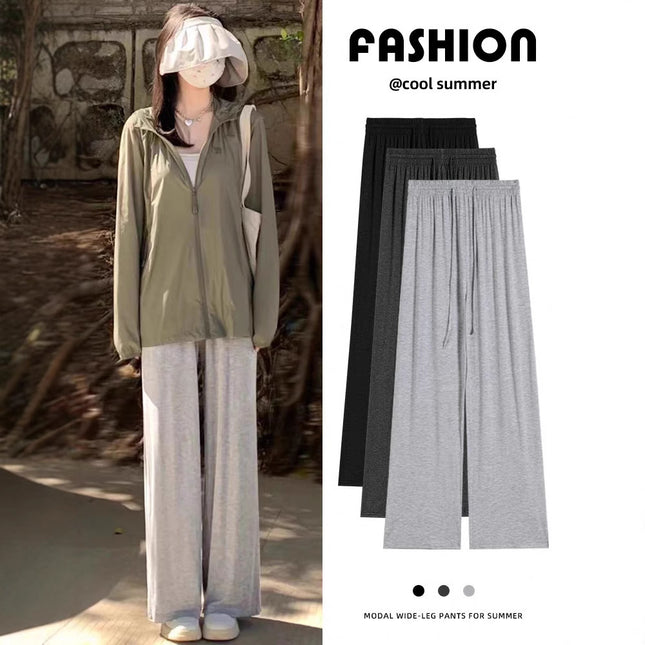 2025 Gray Wide-Leg Pants for Women Spring and Summer High-Waisted Summer Thin Straight Sports Casual Anti-Mosquito Glutinous Rice Pants