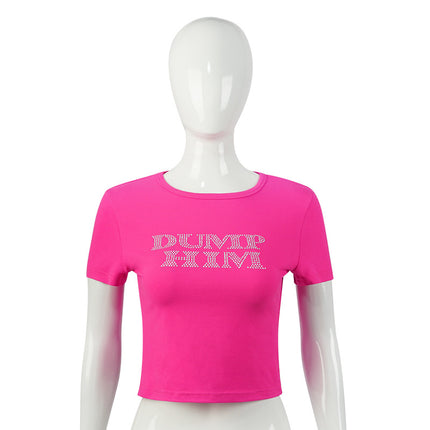C004TP European and American Spice Girls 2024 Summer New Solid Color Pullover Letter Hot Drilling Casual Navel Short Women's T-Shirt