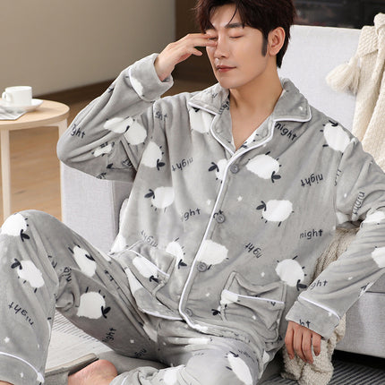 Men's Pajamas, Winter Thickened and Fleece-Lined, Men's Home Wear Set, Coral Fleece, Warm, Autumn and Winter, One-Piece Wholesale