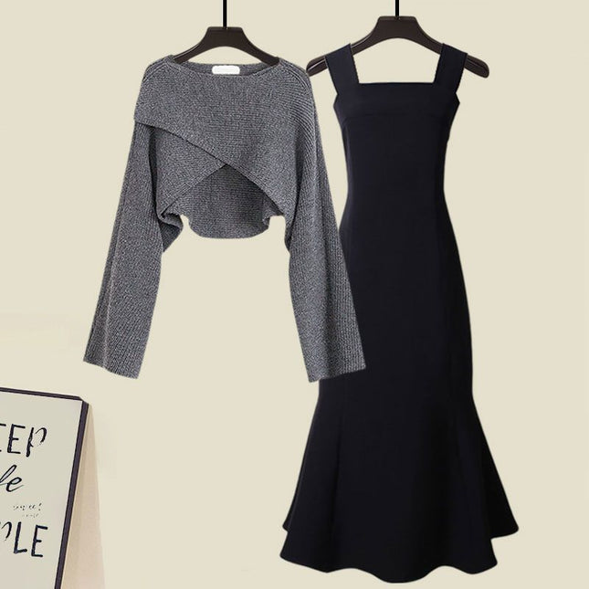G Autumn suit Women's New Fishtail dress Two-Piece Western-Style French-Style Cross-Knitted Sweater for Women