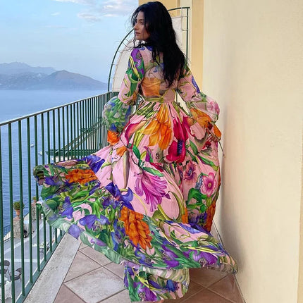 2024 Swimwear Cross-border Explosions Deep V-neck Lantern Long-sleeved Seaside Holiday Printed One-piece Swimsuit suit Women's 25153