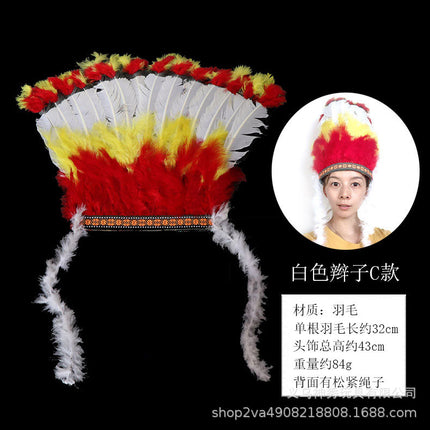 1Halloween Savage Cos Feather Headdress Indian Feather Headdress Red White Black Feather Indian Chief Cap