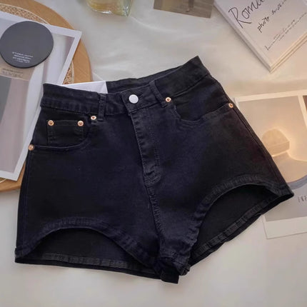 Hot Girls Denim Shorts Women's Design Sense Niche High Waist Slimming Legs Long Tight Hip Elastic Irregular Hot Pants