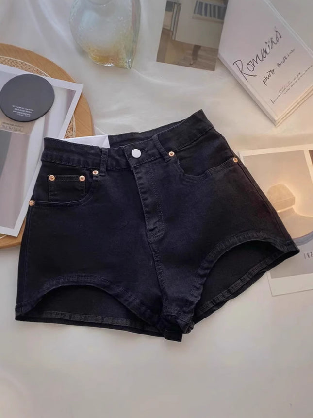 Hot Girls Denim Shorts Women's Design Sense Niche High Waist Slimming Legs Long Tight Hip Elastic Irregular Hot Pants