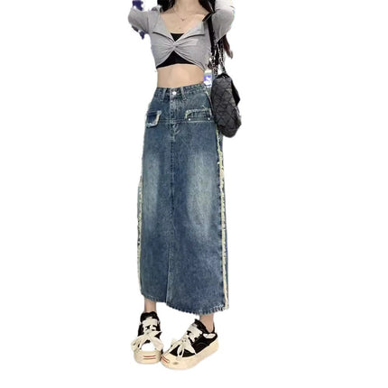 Autumn Korean High-waisted Denim Skirt for Women 2024 New Pear-shaped Figure Mid-length Cover-up A-line Skirt
