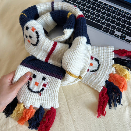Christmas Gift ~ Smiling Snowman Scarf, Cute and Sweet Preppy Style Autumn and Winter Warm Woolen Scarf with Contrasting Colors and Versatile