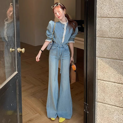 2025 Spring New High Waist Washed Jeans Women's Loose light blue Drawstring Micro-flared All-match Mop Pants