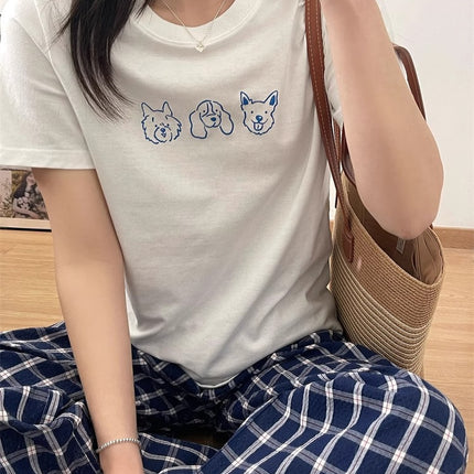 White Simple Dog Print Short-sleeved T-shirt Women's Summer New Cotton Loose Lazy Style Slimming Half-sleeved Top
