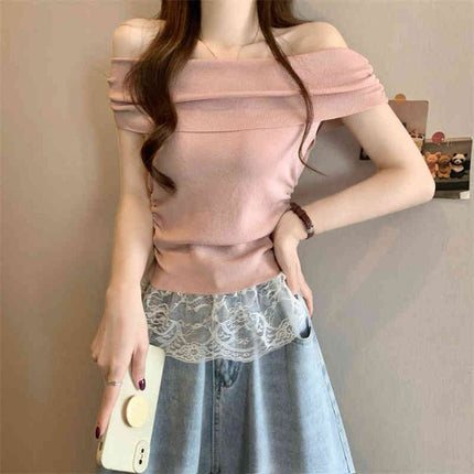 Green off-shoulder short-sleeved top women's dopamine in early summer is beautiful and beautiful and pure waist T-shirt