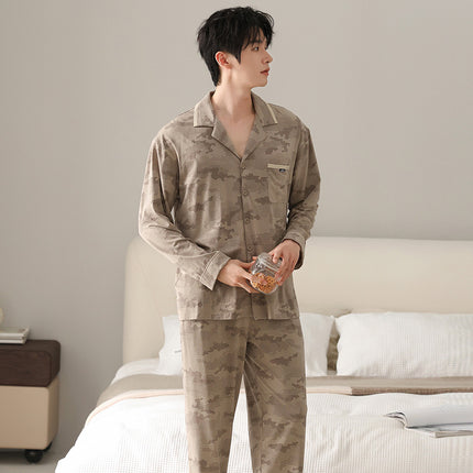 [40-Count Lycra Cotton] Men's Spring and Autumn Long-Sleeve Pure Cotton Large Size Pajamas, Suitable for Home Wear and Can Be Worn Outside