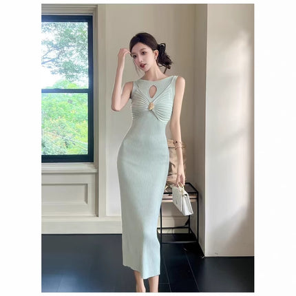 Pure Lust Style Twisted Hollow Sleeveless Vest Dress for Women Summer Waist Knitted Skirt to Show Figure and Hip Long Skirt for Women
