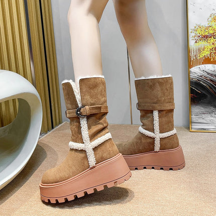Fur Integrated Snow Boots for Women 2025 New Belt Buckle Thick Heel Thick Sole Fashion Mid-Calf Boots Foldable Two-Wear Women's Boots