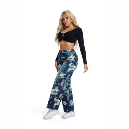 Printed Blue Denim Wide-Leg Pants 2025 Autumn New Thin Straight Long Vintage Pants Floor-Length Pants Women's Clothing