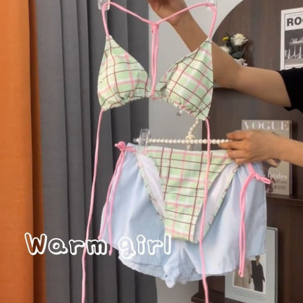 Source Manufacturer Island Vacation Dopamine Green Bikini Three-Point Strap Small Breast Sweet Sexy Swimsuit Fresh