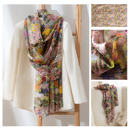 Autumn New Arrival Mulberry Silk Scarf for Women, Green Small Floral Shawl, Long Silk Scarf, Ready for Wholesale