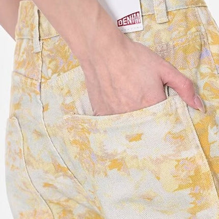 Summer Tie-Dye Printed Light Blue Wide-Leg Jeans for Women 2025 New High-Waisted Drapey Straight-Leg Petite Floor-Length Pants