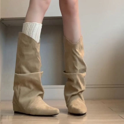 New Retro Western Cowboy Boots Autumn Height-Increasing Long Boots Women's Pointed Toe Pleated Slouch Boots