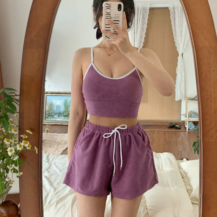 Korean Style New Split Swimsuit Women's Solid Color Towel Material Sling Sporty Fashionable Flat Angle Hot Spring Holiday Swimsuit