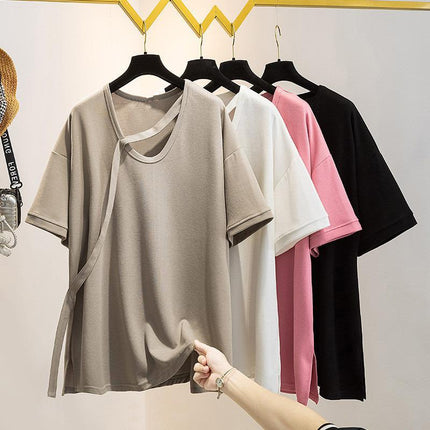 Niche Design Sense Mid-length Short-sleeved T-shirt 2024 Summer chubby girl plus size Women's Loose Slimming All-match Solid Color Top