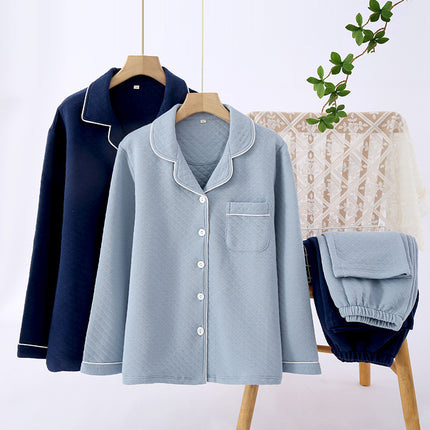 Solid Color Air Layer Couple suit Cotton Four-color Home Breathable Warm Home Clothes V-neck Men's and Women's Pajamas