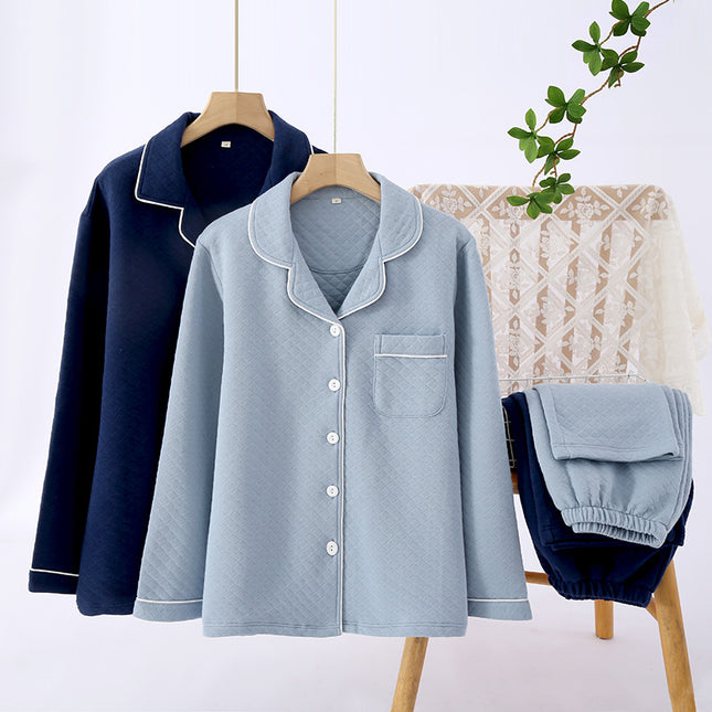 Solid Color Air Layer Couple suit Cotton Four-color Home Breathable Warm Home Clothes V-neck Men's and Women's Pajamas