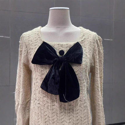 2024 Spring and Summer New Retro Square Collar Brushed Lace Bow Short Slim Slim Long-Sleeved Shirt Top