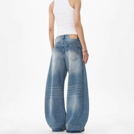High Street Retro Scimitar Jeans for Women, Washed Lightning Pattern, Deconstructed Three-Dimensional Design, Loose Slimming Wide-Leg Pants