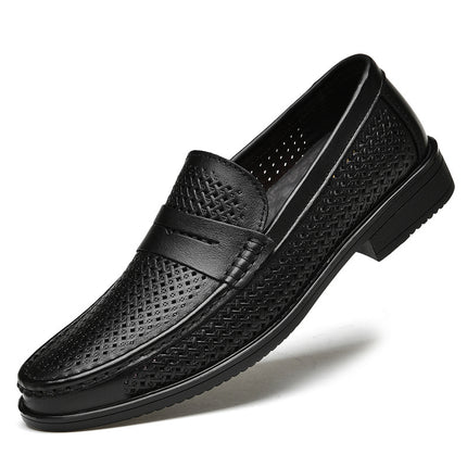 Men's Lefu leather shoes spring and summer low-top slip-on cowhide surface slip-on hollow breathable casual shoes single-layer shoes men's shoes