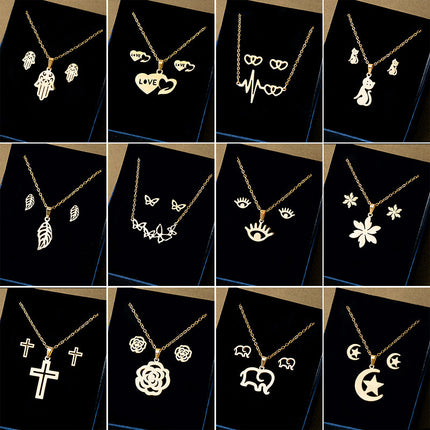 European and American Stainless Steel Earrings Necklace Women's Set Cross Border Geometric Cross Palm Eye Rose Pendant Jewelry