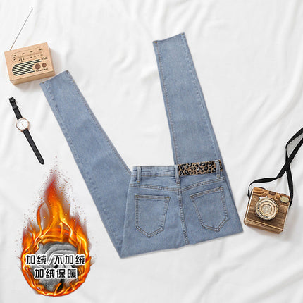 Leopard-print Thickened High-waist Jeans Women's Fleece-lined Autumn and Winter Warm Stretch Pencil Pants Slim-fit Fur-edged Cropped Pencil Pants