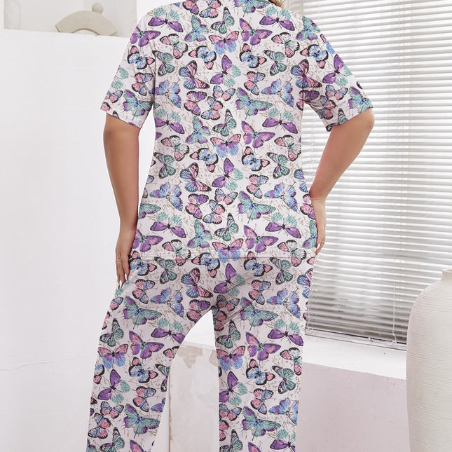 Cross-border Foreign Trade Wholesale plus size Pajamas Women's Spring and Autumn Short-sleeved Trousers Loose Butterfly Printed Home Clothes suit