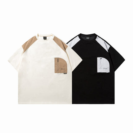 2025 Summer New Japanese Retro Casual Color-Blocking Patchwork Zipper Pocket Unisex Loose Versatile Short Sleeve