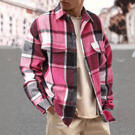25 Amazon European and American Cross-Border Temu Elegant Lapel Checkered Men's Shirt Retro Brushed Casual Long-Sleeved Jacket