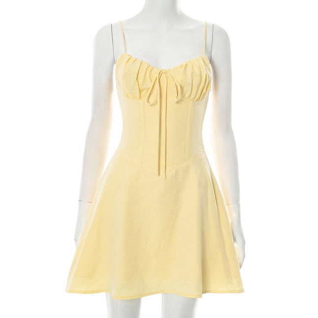 Sanhu Lianjiang D25Ds093 European and American Women's Summer New Pure Color Pleated Suspender Backless Strap Dress for Women