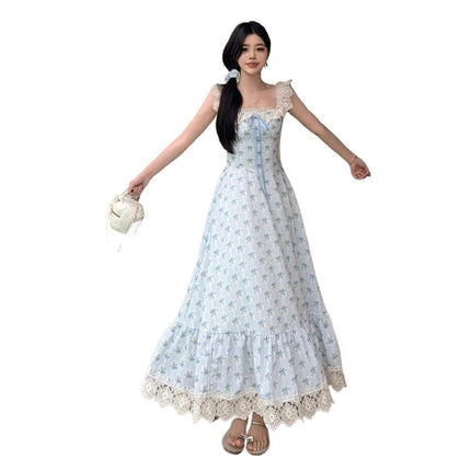 Korean Style Large Size Gentle Style Suspender Dress Women's New Summer Floral Skirt Fat mm Slimming Look Lace Splicing Long Skirt