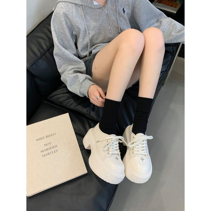 2024 Internet Popular Same Style Large Round Head 7cm Thick Sole Increased Lace-up Round Head Small White Shoes Casual Canvas Shoes Women's Autumn and Winter