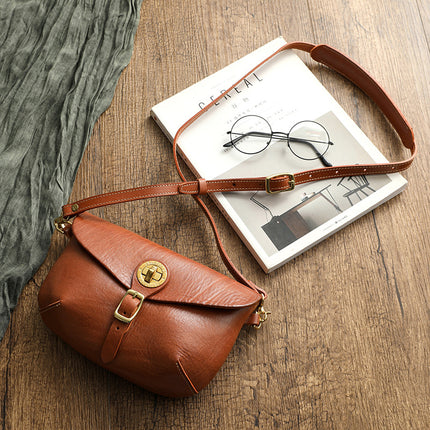 Genuine Leather Vintage Saddle Bag Thick Soft Vegetable Tanning Top Layer Leather Crossbody Dumpling Bag Korean Casual Brass Hardware 32008