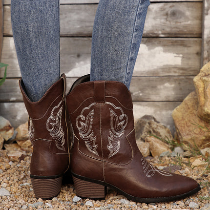 2025 Cross-Border Export New Thick-Heeled Western Cowboy Boots V-Mouth Embroidered Sleeve Knight Boots Retro Mid-Calf Square Toe