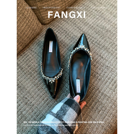 Sheepskin New French Style Evening Style Rhinestone Pointed Toe Flat Shoes for Women Shallow Mouth Inner Shoes Commuting Soft Sole Women's Shoes