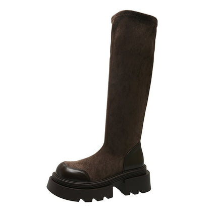 But knee long boots women's 2024 autumn and winter new vintage thick bottom high tube thin boots suede thick heel elastic boots