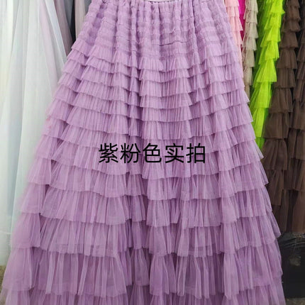 Sauze Skirt Women's Sweet Multi-Layer Cake Mesh Skirt light purple Elegant Elegant Elasticite Waist Princess A- Line Long Skirt