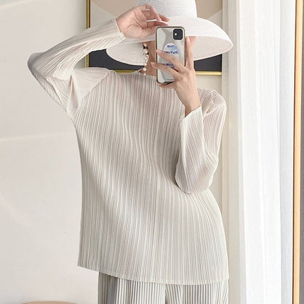 Miyake Basic Pleated Top Women's Long-sleeved Autumn New Pressed-Fold Texture High-end All-match T-shirt Base Shirt