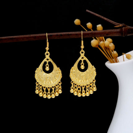 Ethnic Style Peacock Earrings for Women Gold Bell Tassel Earrings Bohemian Leaf Pendant Scenic Spot Earrings Wholesale