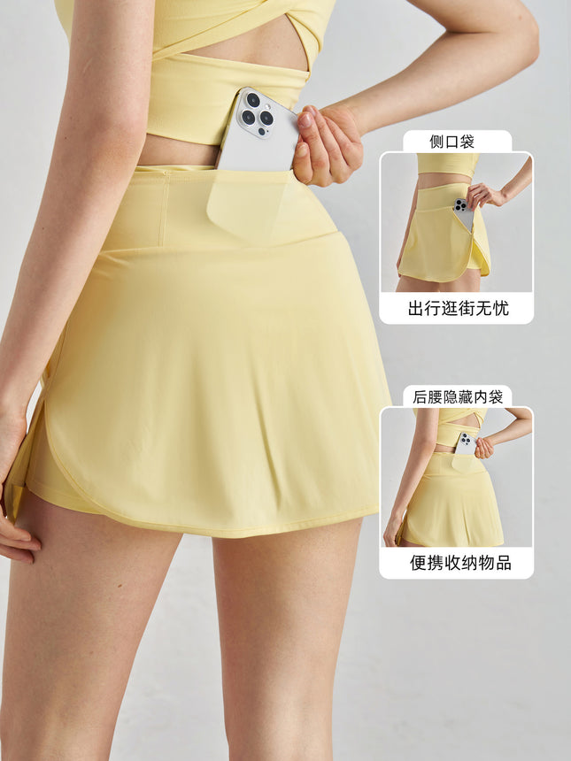 Yoga Short Skirt Sports Fitness Tennis Badminton Short Skirt Women's Back Waist Pocket Fake Two-Piece Anti-Exposure Yoga Skirt