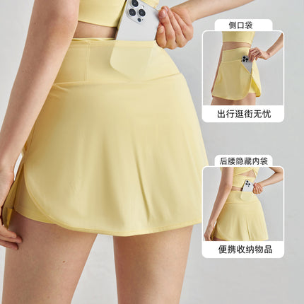 Yoga Short Skirt Sports Fitness Tennis Badminton Short Skirt Women's Back Waist Pocket Fake Two-Piece Anti-Exposure Yoga Skirt