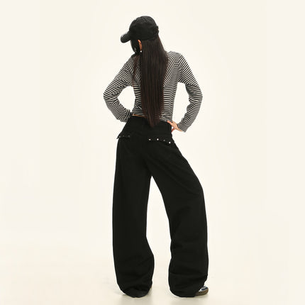 High Street Fashion Rivet Design Wide-Leg Jeans for Women Early Autumn New Versatile Trendy High-Waisted Loose Straight Pants