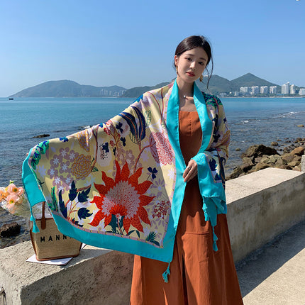 Ethnic Style Printed Silk Scarf Women's Seaside Travel Sun Protection Gauze Air Conditioning Warm Scarf Versatile Long Shawl