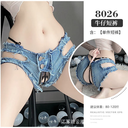 Lin Lin Ting's Sexy Lingerie Low-Waist Open-Crotch Sexy Ripped Denim Shorts Nightclub Hot Temptation Lingerie Denim